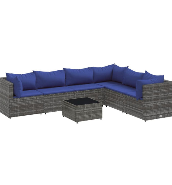 7-tlg. Garten-Lounge-Set mit Kissen Grau Poly Rattan