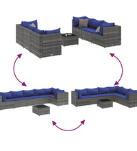 7-tlg. Garten-Lounge-Set mit Kissen Grau Poly Rattan