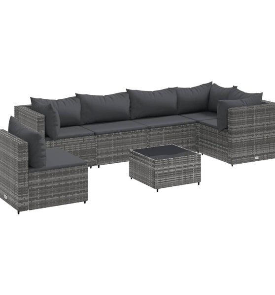 7-tlg. Garten-Lounge-Set mit Kissen Grau Poly Rattan
