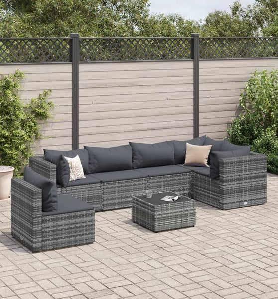 7-tlg. Garten-Lounge-Set mit Kissen Grau Poly Rattan