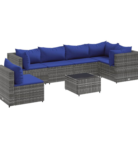 7-tlg. Garten-Lounge-Set mit Kissen Grau Poly Rattan