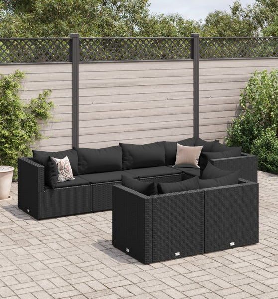 7-tlg. Garten-Lounge-Set mit Kissen Schwarz Poly Rattan