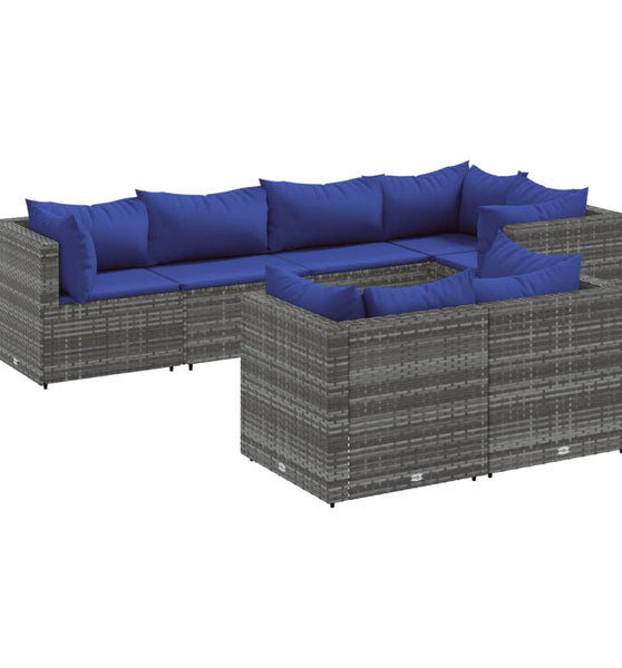 7-tlg. Garten-Lounge-Set mit Kissen Grau Poly Rattan