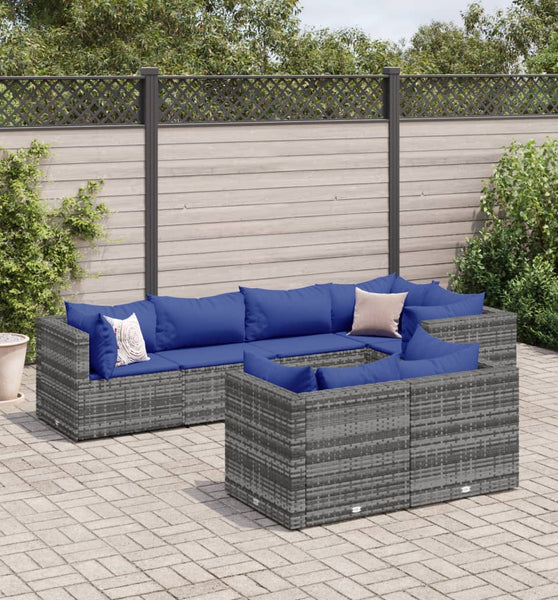 7-tlg. Garten-Lounge-Set mit Kissen Grau Poly Rattan