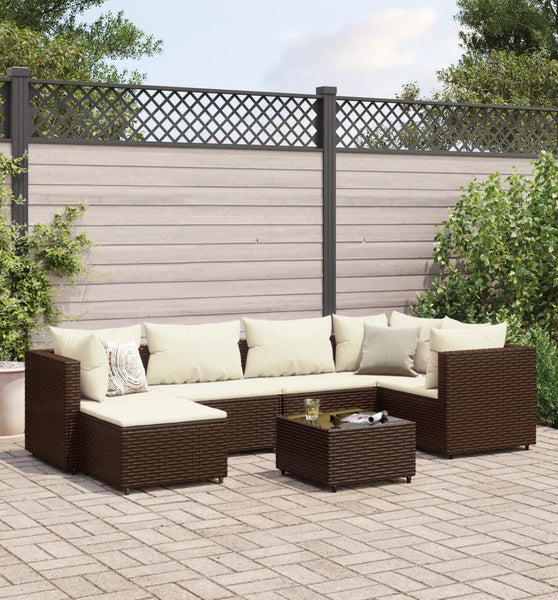 7-tlg. Garten-Lounge-Set mit Kissen Braun Poly Rattan