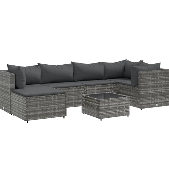 7-tlg. Garten-Lounge-Set mit Kissen Grau Poly Rattan