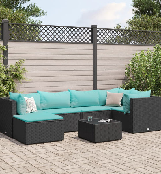 7-tlg. Garten-Lounge-Set mit Kissen Schwarz Poly Rattan