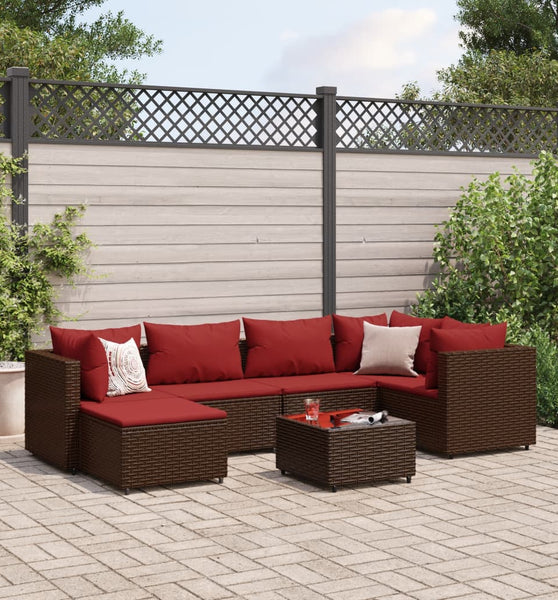 7-tlg. Garten-Lounge-Set mit Kissen Braun Poly Rattan