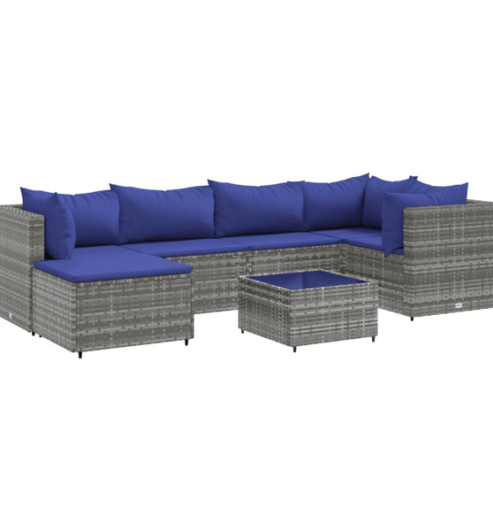 7-tlg. Garten-Lounge-Set mit Kissen Grau Poly Rattan