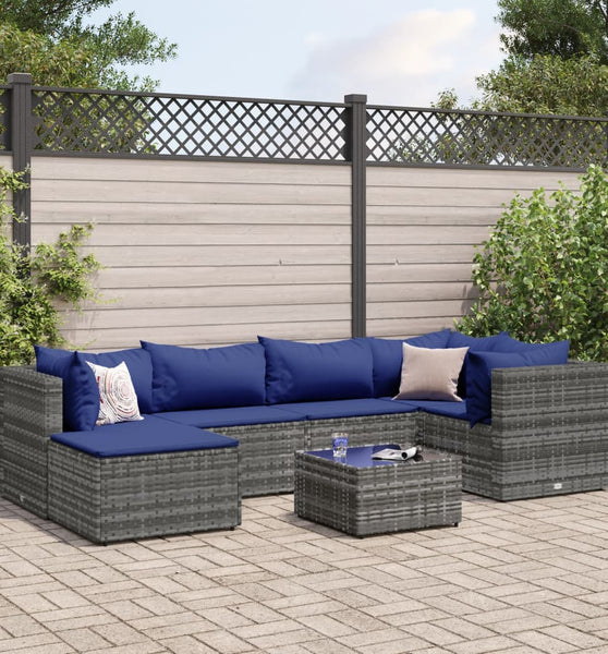 7-tlg. Garten-Lounge-Set mit Kissen Grau Poly Rattan