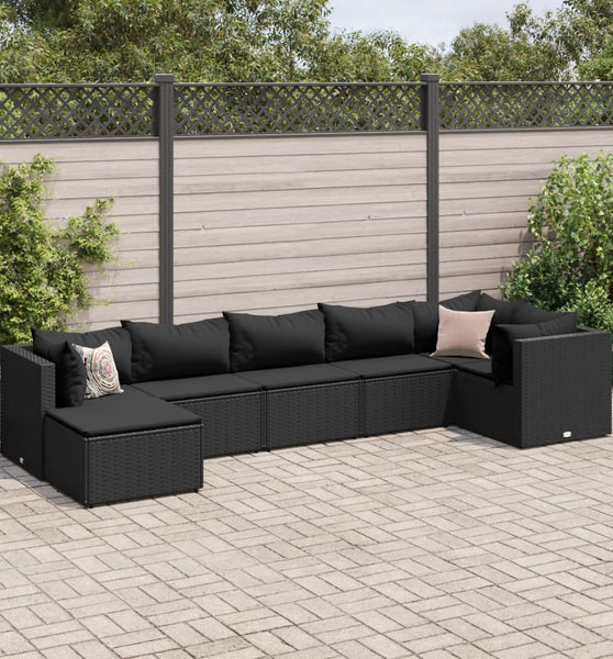 7-tlg. Garten-Lounge-Set mit Kissen Schwarz Poly Rattan