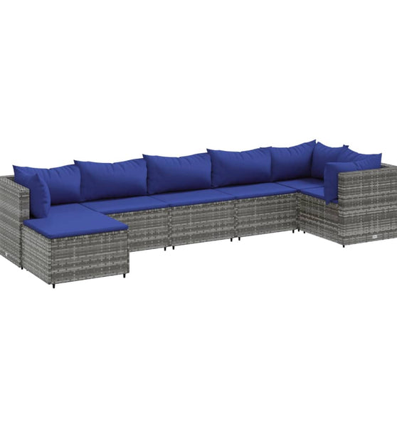 7-tlg. Garten-Lounge-Set mit Kissen Grau Poly Rattan