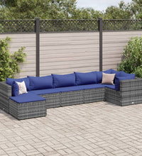 7-tlg. Garten-Lounge-Set mit Kissen Grau Poly Rattan