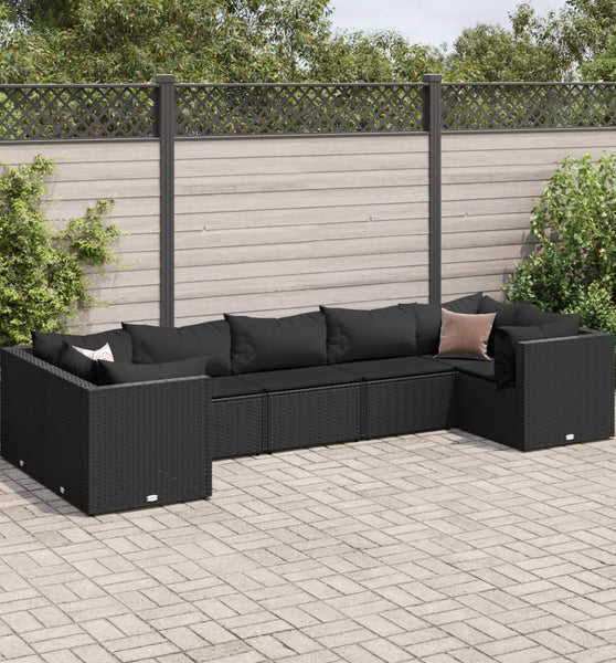7-tlg. Garten-Lounge-Set mit Kissen Schwarz Poly Rattan