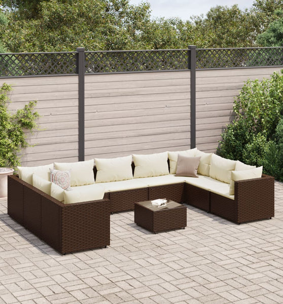 10-tlg. Garten-Lounge-Set mit Kissen Braun Poly Rattan