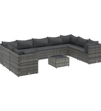 10-tlg. Garten-Lounge-Set mit Kissen Grau Poly Rattan