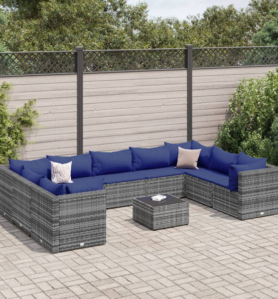 10-tlg. Garten-Lounge-Set mit Kissen Grau Poly Rattan