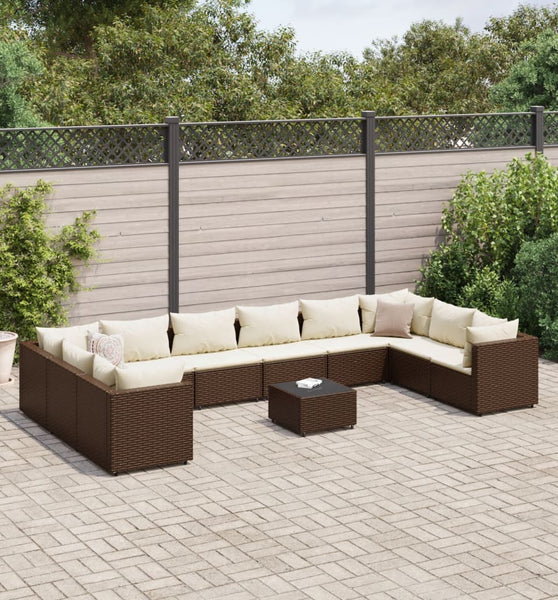 11-tlg. Garten-Lounge-Set mit Kissen Braun Poly Rattan
