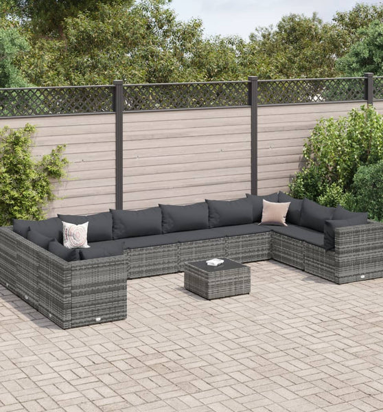 11-tlg. Garten-Lounge-Set mit Kissen Grau Poly Rattan