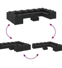 11-tlg. Garten-Lounge-Set mit Kissen Schwarz Poly Rattan