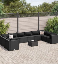 11-tlg. Garten-Lounge-Set mit Kissen Schwarz Poly Rattan