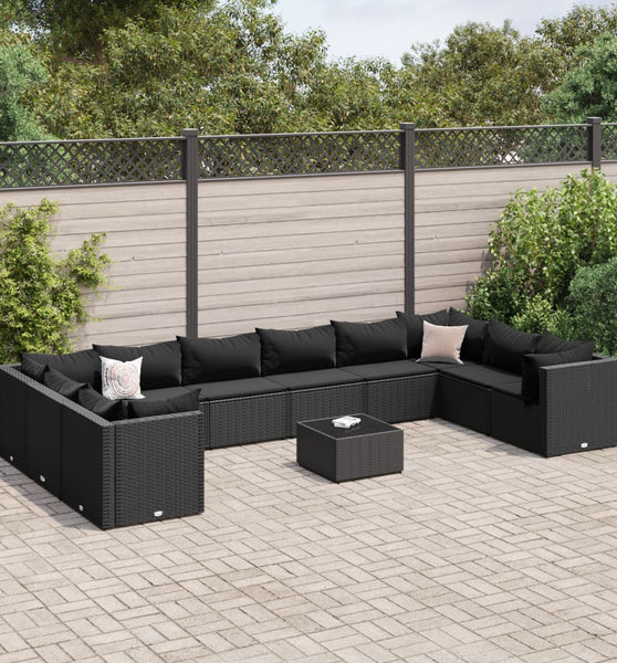 11-tlg. Garten-Lounge-Set mit Kissen Schwarz Poly Rattan