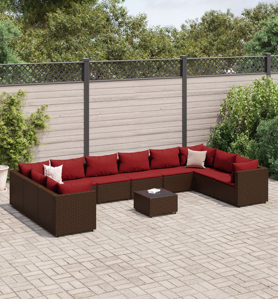 11-tlg. Garten-Lounge-Set mit Kissen Braun Poly Rattan
