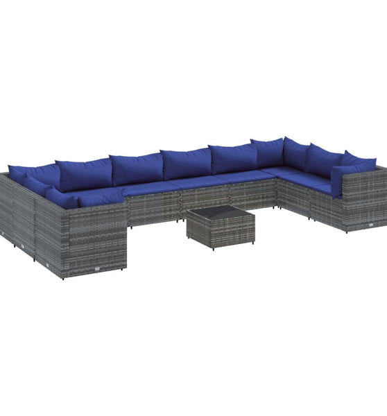 11-tlg. Garten-Lounge-Set mit Kissen Grau Poly Rattan
