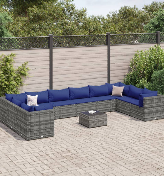 11-tlg. Garten-Lounge-Set mit Kissen Grau Poly Rattan