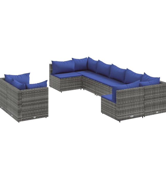 9-tlg. Garten-Sofagarnitur mit Kissen Grau Poly Rattan