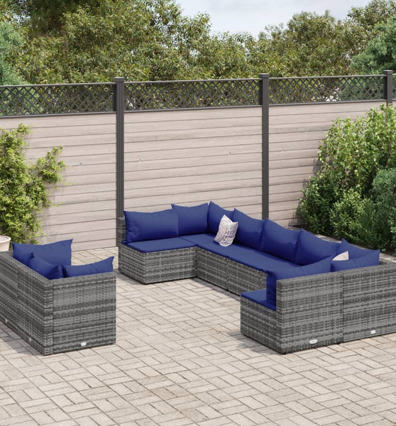 9-tlg. Garten-Sofagarnitur mit Kissen Grau Poly Rattan