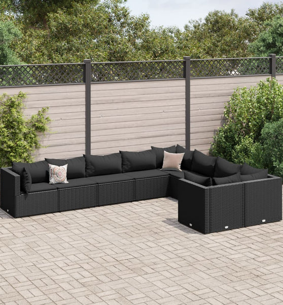 9-tlg. Garten-Sofagarnitur mit Kissen Schwarz Poly Rattan
