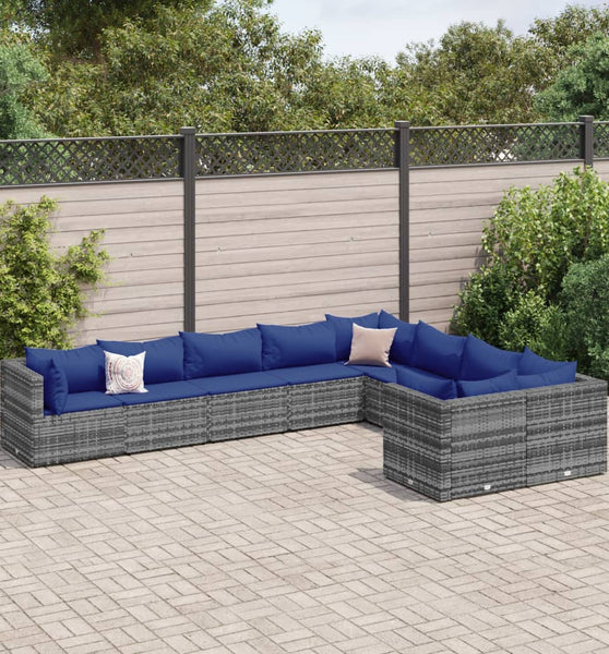 9-tlg. Garten-Sofagarnitur mit Kissen Grau Poly Rattan