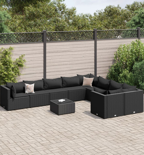 10-tlg. Garten-Sofagarnitur mit Kissen Schwarz Poly Rattan