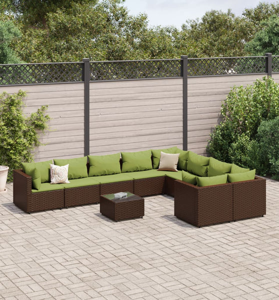 10-tlg. Garten-Sofagarnitur mit Kissen Braun Poly Rattan