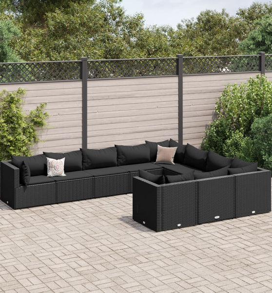 10-tlg. Garten-Sofagarnitur mit Kissen Schwarz Poly Rattan