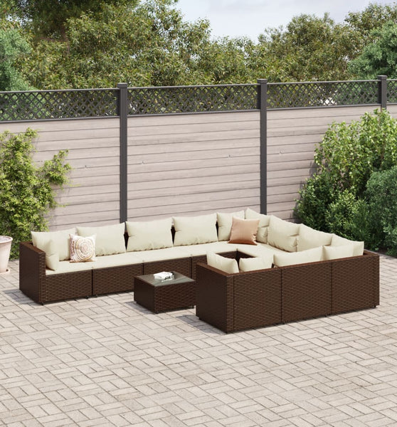 11-tlg. Garten-Sofagarnitur mit Kissen Braun Poly Rattan