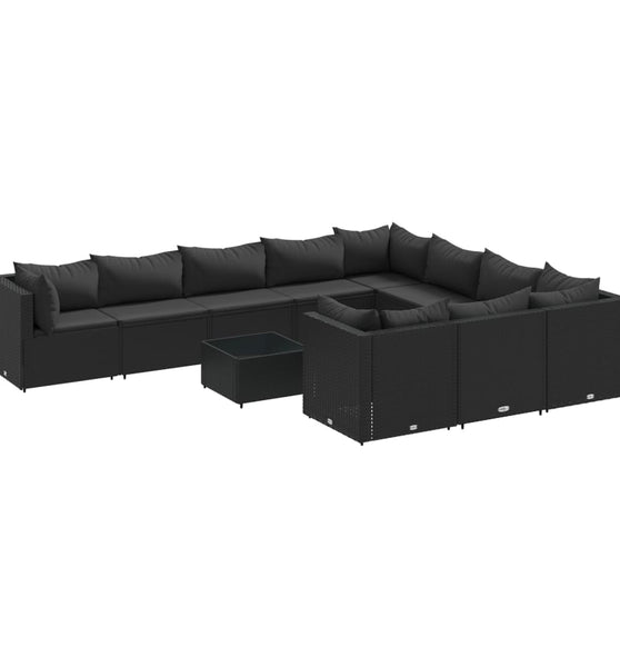 11-tlg. Garten-Sofagarnitur mit Kissen Schwarz Poly Rattan