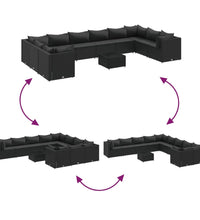 11-tlg. Garten-Sofagarnitur mit Kissen Schwarz Poly Rattan