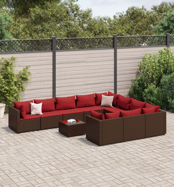 11-tlg. Garten-Sofagarnitur mit Kissen Braun Poly Rattan
