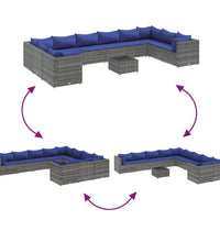 11-tlg. Garten-Sofagarnitur mit Kissen Grau Poly Rattan