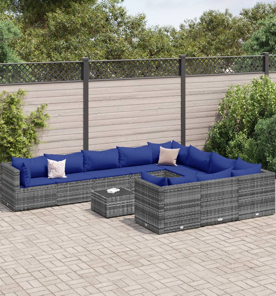 11-tlg. Garten-Sofagarnitur mit Kissen Grau Poly Rattan