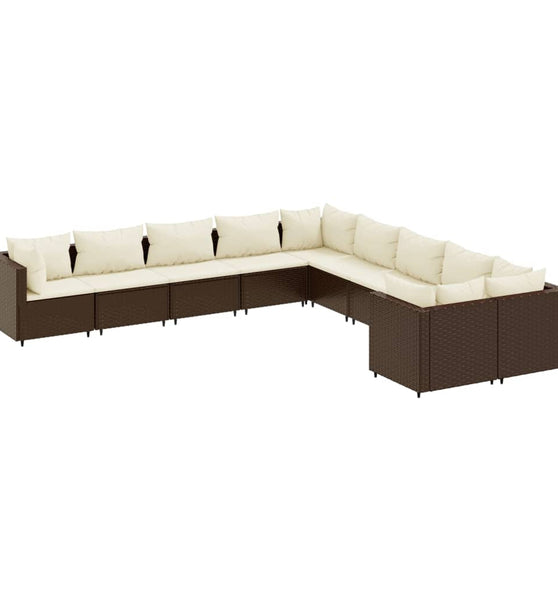 10-tlg. Garten-Sofagarnitur mit Kissen Braun Poly Rattan