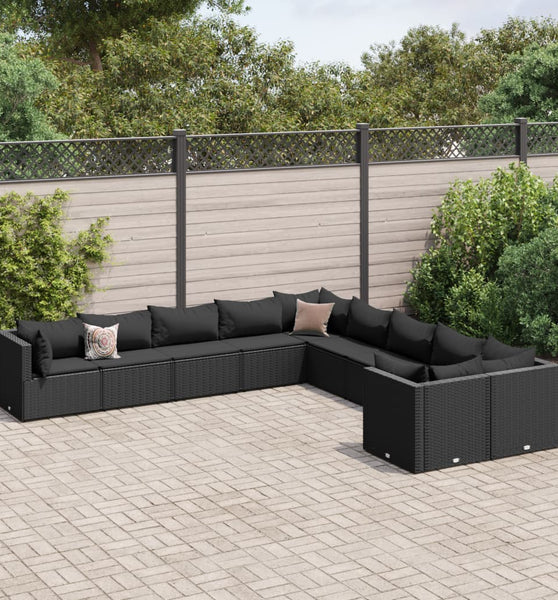 10-tlg. Garten-Sofagarnitur mit Kissen Schwarz Poly Rattan