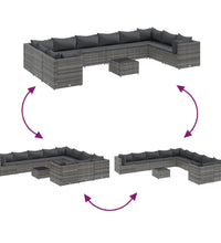 11-tlg. Garten-Sofagarnitur mit Kissen Grau Poly Rattan