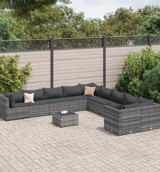 11-tlg. Garten-Sofagarnitur mit Kissen Grau Poly Rattan