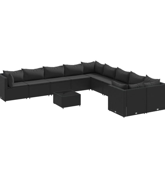 11-tlg. Garten-Sofagarnitur mit Kissen Schwarz Poly Rattan