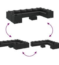 11-tlg. Garten-Sofagarnitur mit Kissen Schwarz Poly Rattan