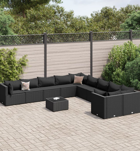 11-tlg. Garten-Sofagarnitur mit Kissen Schwarz Poly Rattan