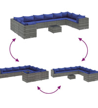 11-tlg. Garten-Sofagarnitur mit Kissen Grau Poly Rattan